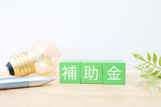 補助金をテーマにした電球と緑ブロック文字のビジネスイメージ