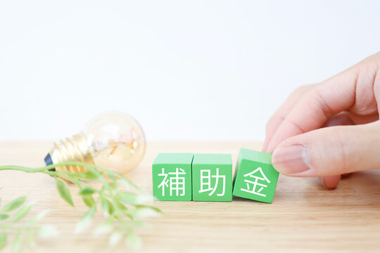 補助金と電球・エコな電気代補助のイメージ緑ブロック文字