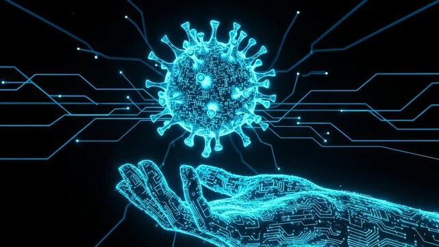Glowing Digital Representation Of Virus Is Being Held By Digital Hand With Circuit Board Design On Black Backdrop This Could Be Used For Scientific Illustrations