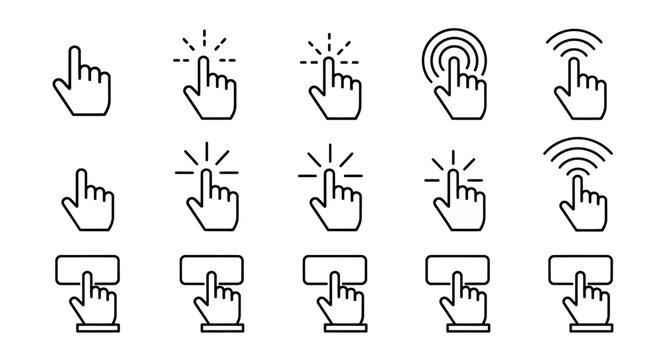 Set of hand cursor icons demonstrating click actions for user interface design.
