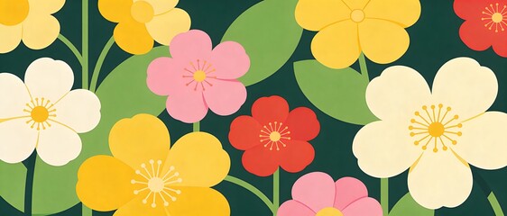 Fototapeta premium Vibrant floral pattern with cheerful blossoms in yellow, pink, and red hues