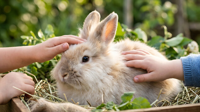 Children Hands Gently Stroking Fluffy Rabbit in Garden Nest