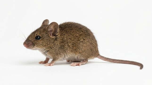A cute small rat with gray and brown fur standing on a clean white background looking forward