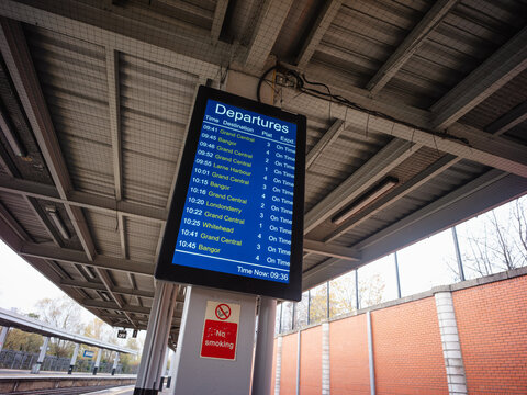 Belfast, Northern Ireland, United Kingdon, 30th October 2025, Lanyon Place railway Translink station destination board