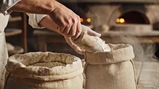 This captures a baker's skilled hands as he works with dough in a traditional bakery setting, highlighting the artisanal process of bread making and the warmth of the brick oven in the background.