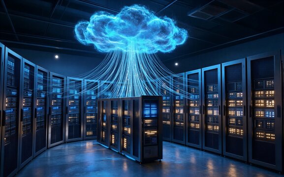 Futuristic cloud computing hub with glowing servers and digital data