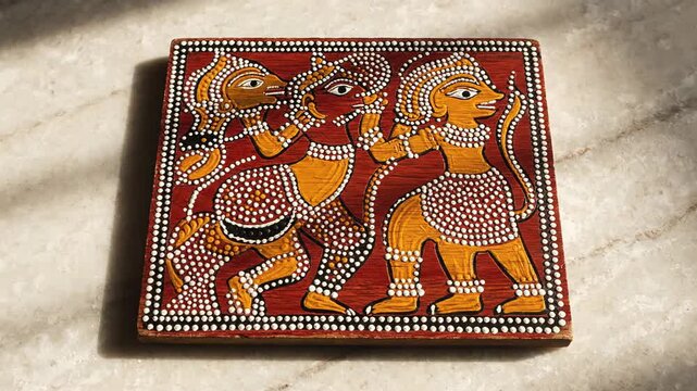 Indian folk art painting depicting figures in traditional attire with animalistic features, intricate patterns, vibrant colors, cultural heritage, ancestral storytelling