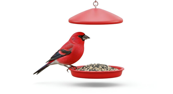 Vibrant red finch bird perched on a red feeder filled with seeds, isolated on a white background, showcasing nature and wildlife