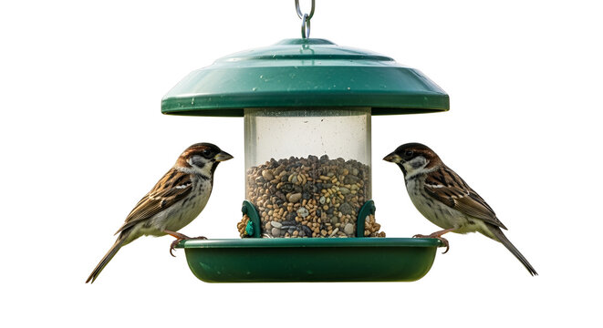 Two sparrows perched on a green bird feeder filled with seeds, isolated on a white background, natural detail