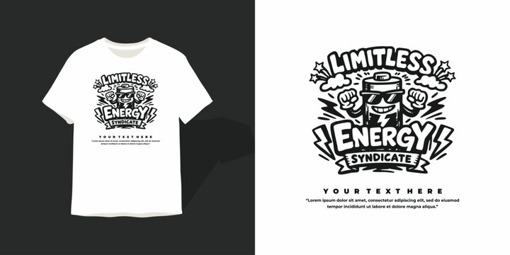 Limitless Energy Syndicate Cartoon Battery T-shirt Design Illustration