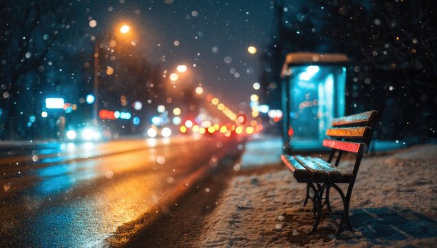 Urban street at night, heavy snowfall, bokeh lights, an empty bench and blue bus stop