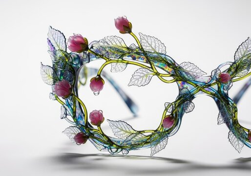 Intricate eyewear shaped like sprawling translucent vines and budding flora, showcasing a seamless fusion of high fashion and organic nature, botany, ethereal, bloom