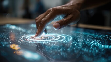 Fototapeta premium Hand interacts with glowing digital surface; finger creates swirling, futuristic light