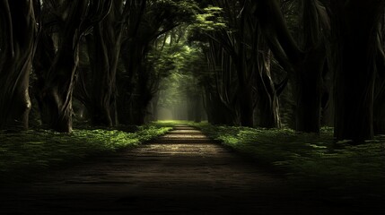 Fototapeta premium A Serene Yet Eerie Forest Path Opening Into Faint Sunlight Beyond Dense Trees