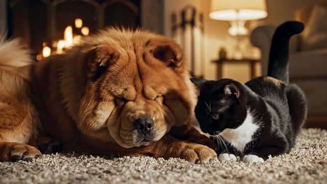 This captures a heartwarming moment of a dog and cat sitting together by the fireplace in a cozy living room, exuding warmth and companionship.