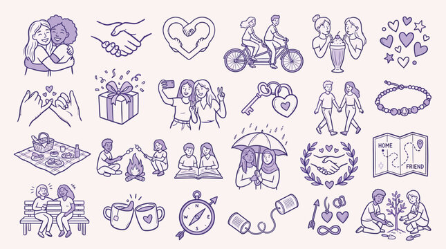A collection of hand-drawn illustrations depicting various aspects of friendship, love, and companionship, including shared activities and emotional connections.