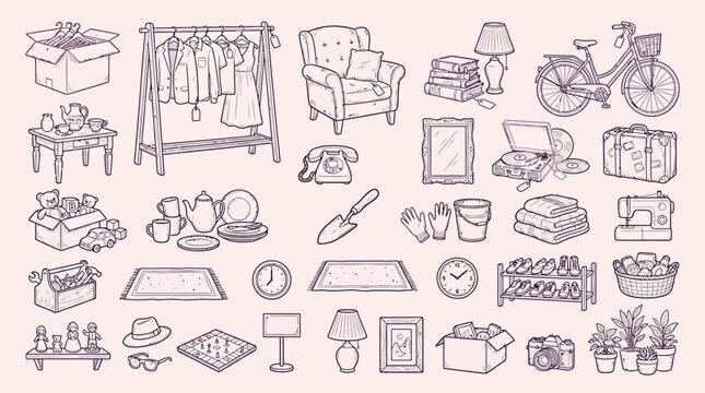 A charming hand-drawn illustration featuring a diverse collection of household items, furniture, and decorative objects, perfect for a flea market or garage sale theme.