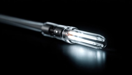 Fototapeta premium Brightly lit transparent probe tip with internal light, reflecting on a dark, sleek surface
