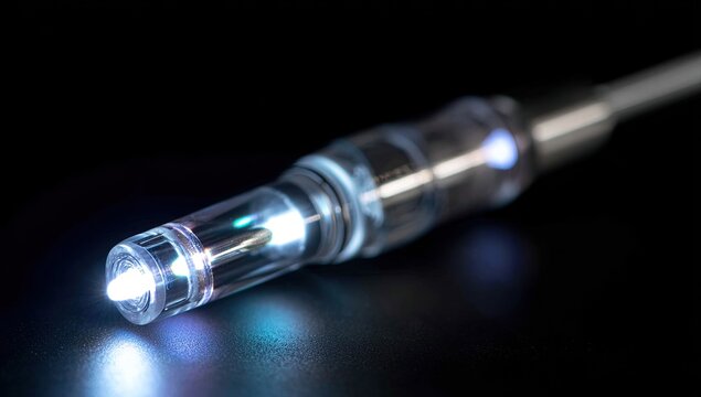 Close-up of a glowing white tip of a cylindrical optical device on a dark surface