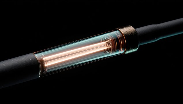 Cutaway view of a futuristic power cable showing glowing core, coil, and transparent shell