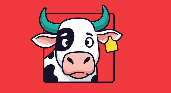 Playful cartoon cow portrait with bold red background and farmyard charm.
