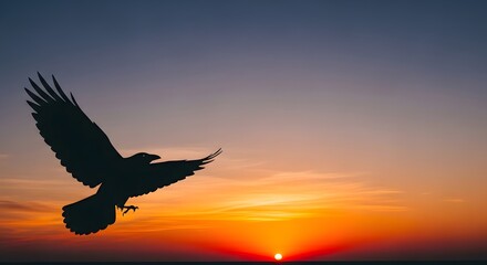 Fototapeta premium Crow Silhouette Flying Against a Beautiful Sunset Sky with Copy Space