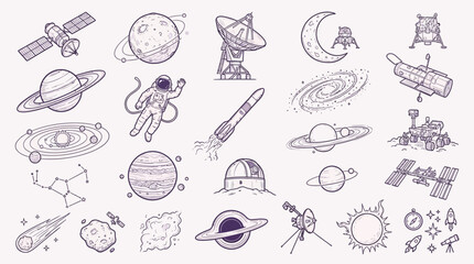 A whimsical collection of hand-drawn space-themed illustrations, featuring planets, rockets, astronauts, and celestial bodies. © KN collection