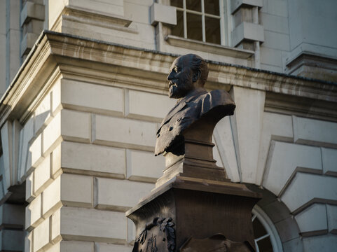 Belfast, Northern Ireland, United Kingdon, 30th October 2025, William James Pirrie Statue Bust, chairman of Harland and Wolff Shipbuilders