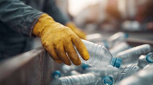 A worker in protective gloves sorts plastic bottles in a recycling container. Close-up of the stage of manual sorting of secondary raw materials.
