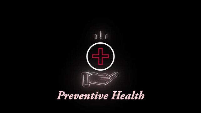 Neon hand with a glowing plus sign in a circle, representing care medical