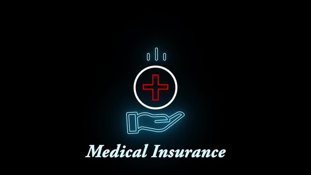 Cyan neon hand and plus sign icon against a black background circle glowing