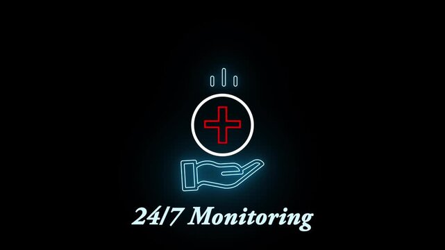 Animated hand holding plus sign icon in neon blue on black background medical