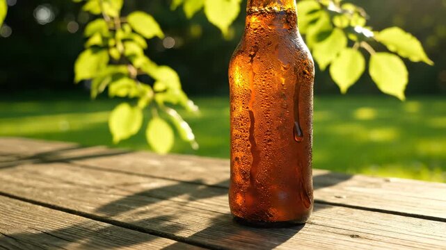 Cold beer bottle with condensation droplets sitting on a wooden outdoor table