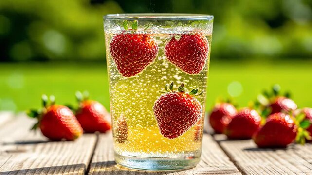 Fresh strawberries floating in a sparkling golden drink on a wooden table
