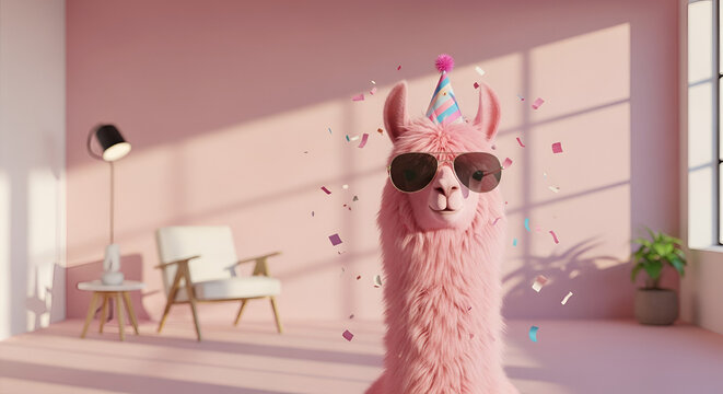 Funny pink llama wearing sunglasses and a party hat, celebrating with confetti in a pastel pink room, cheerful and whimsical atmosphere