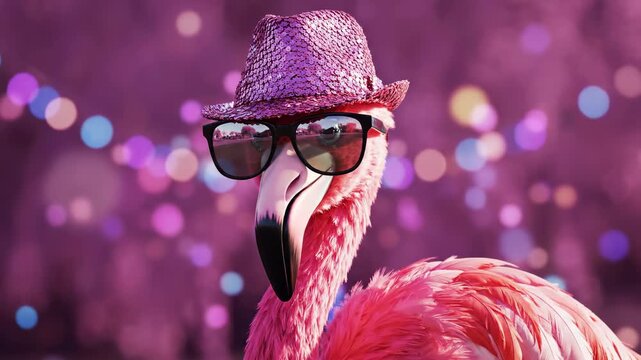 Pink flamingo wearing a sequin fedora and black sunglasses against bokeh lights