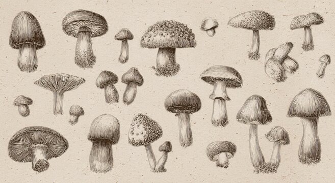 Vintage Mushroom Illustration - A Detailed Study of Fungi Varieties.