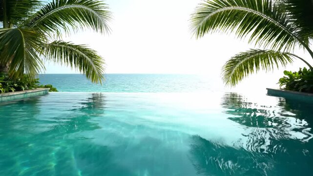 Infinity pool overlooking the ocean with tropical palm trees swaying in the breeze