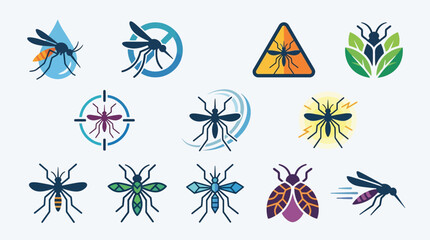 Collection of stylized mosquito icons and symbols representing pest control, disease prevention, and insect repellent. © tr