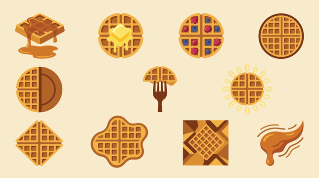 A collection of diverse waffle illustrations, showcasing various shapes, toppings, and serving styles, including syrup, butter, and berries.