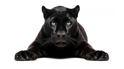 Obraz premium A Sleek Black Panther Resting Low With Forelegs Extended Directly Toward the Viewer