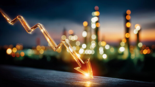 Economic Downturn: A glittering, downward-pointing arrow pierces through a blurred cityscape. Symbolizing economic instability. 