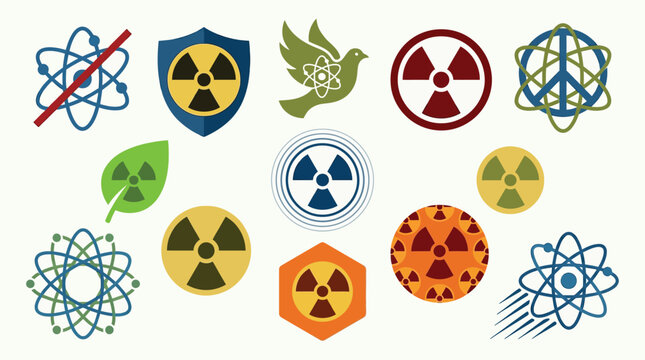 Collection of stylized icons representing nuclear energy, radiation, peace, and environmental themes.