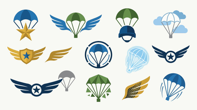 Collection of Parachute and Wing Emblems for Military and Aviation Themes.