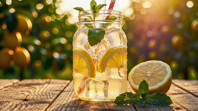 Refreshing lemonade in a mason jar on a wooden table at a lemon orchard