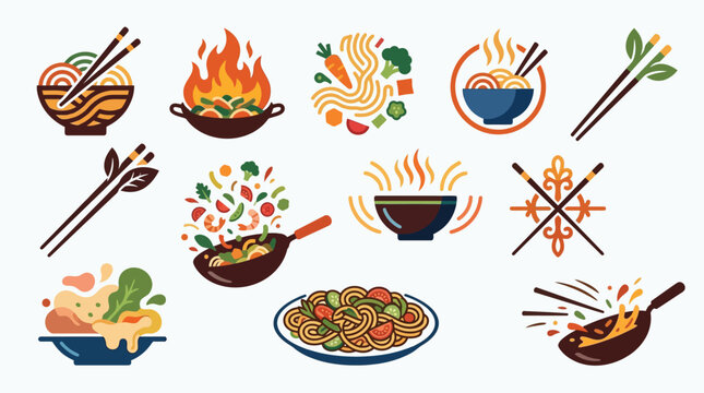 Collection of stylized illustrations depicting various Asian food dishes, ingredients, and cooking utensils, emphasizing noodles and stir-fries.