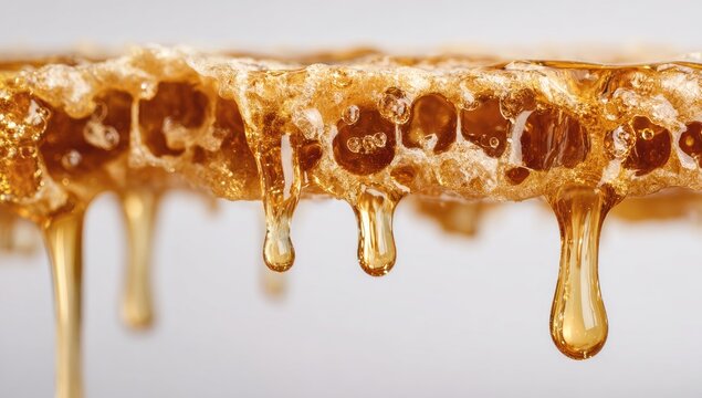 Golden honey drips from natural beeswax honeycomb, highlighting its sweet, sticky texture