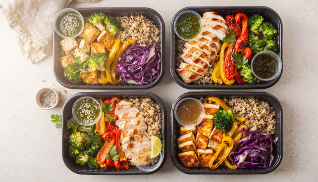 Four healthy meal prep containers show tofu or chicken vegetables and quinoa. Suitable for wellness blogs and cooking websites.