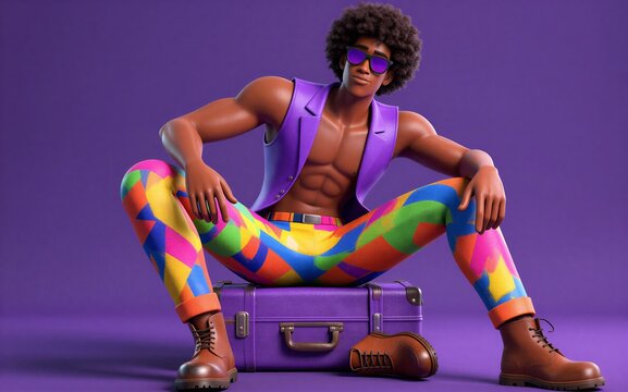 A vibrant stylish man in colorful pants sits confidently on a purple