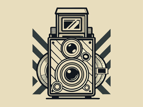 Vintage twin-lens reflex camera illustration with geometric background design